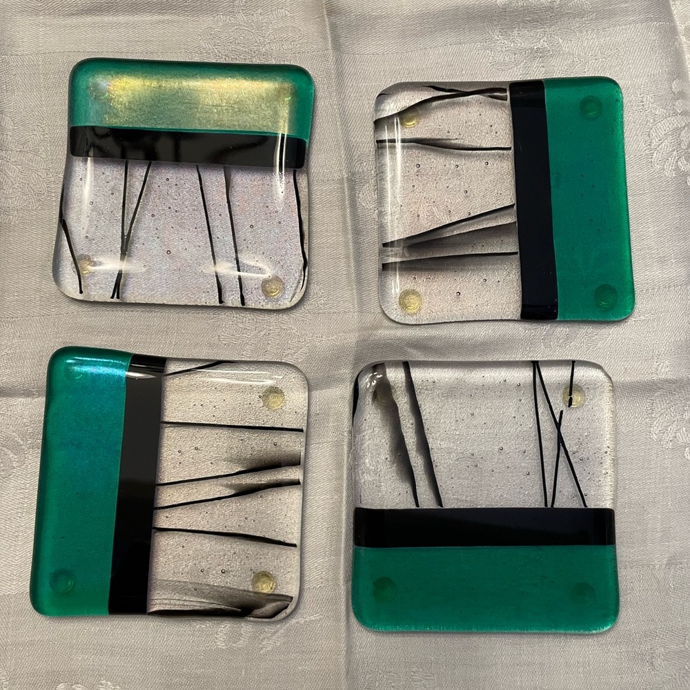Set of 4 Artisan fused glass coasters slightly over 3.5 inch square